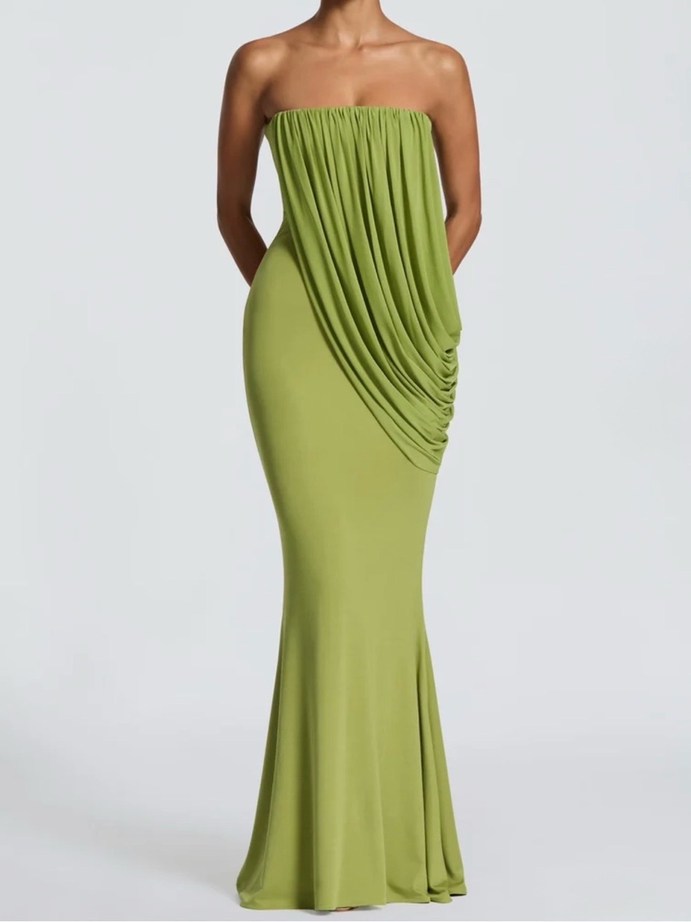 Strapless Olive Green Draped Mermaid Dress